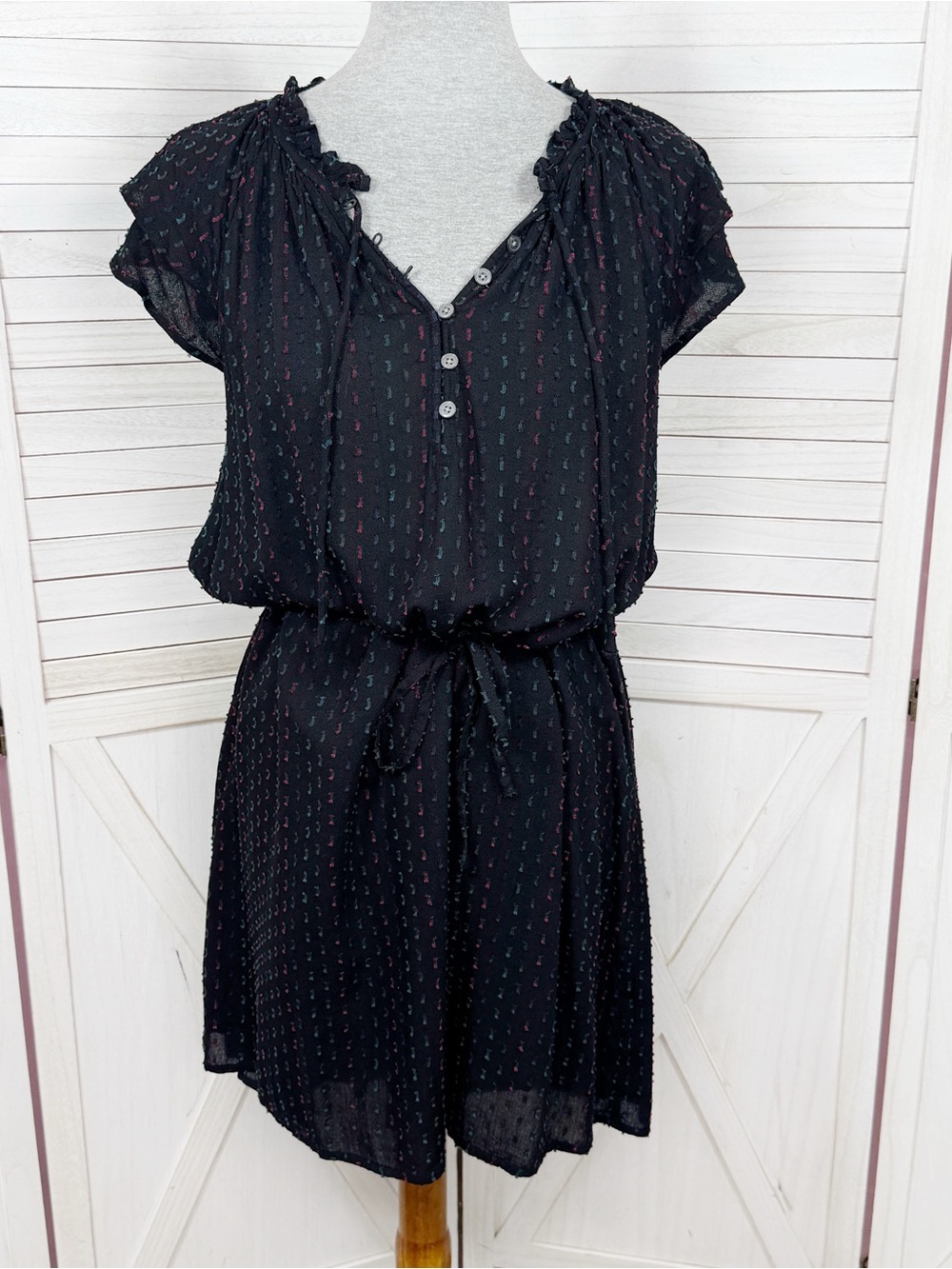 Loft Clip Dot Flutter Sleeve Belted Shift Dress Black Multi Medium Petite